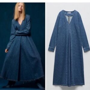 Zara Blue Maxi Dress Long Sleeve V-Neck A-Line